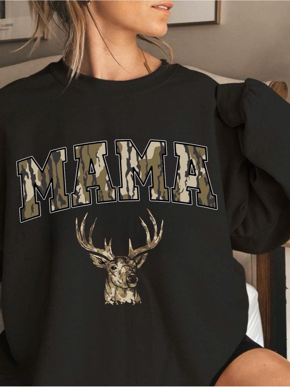 Gildan Black MAMA Camo Deer Sweatshirt